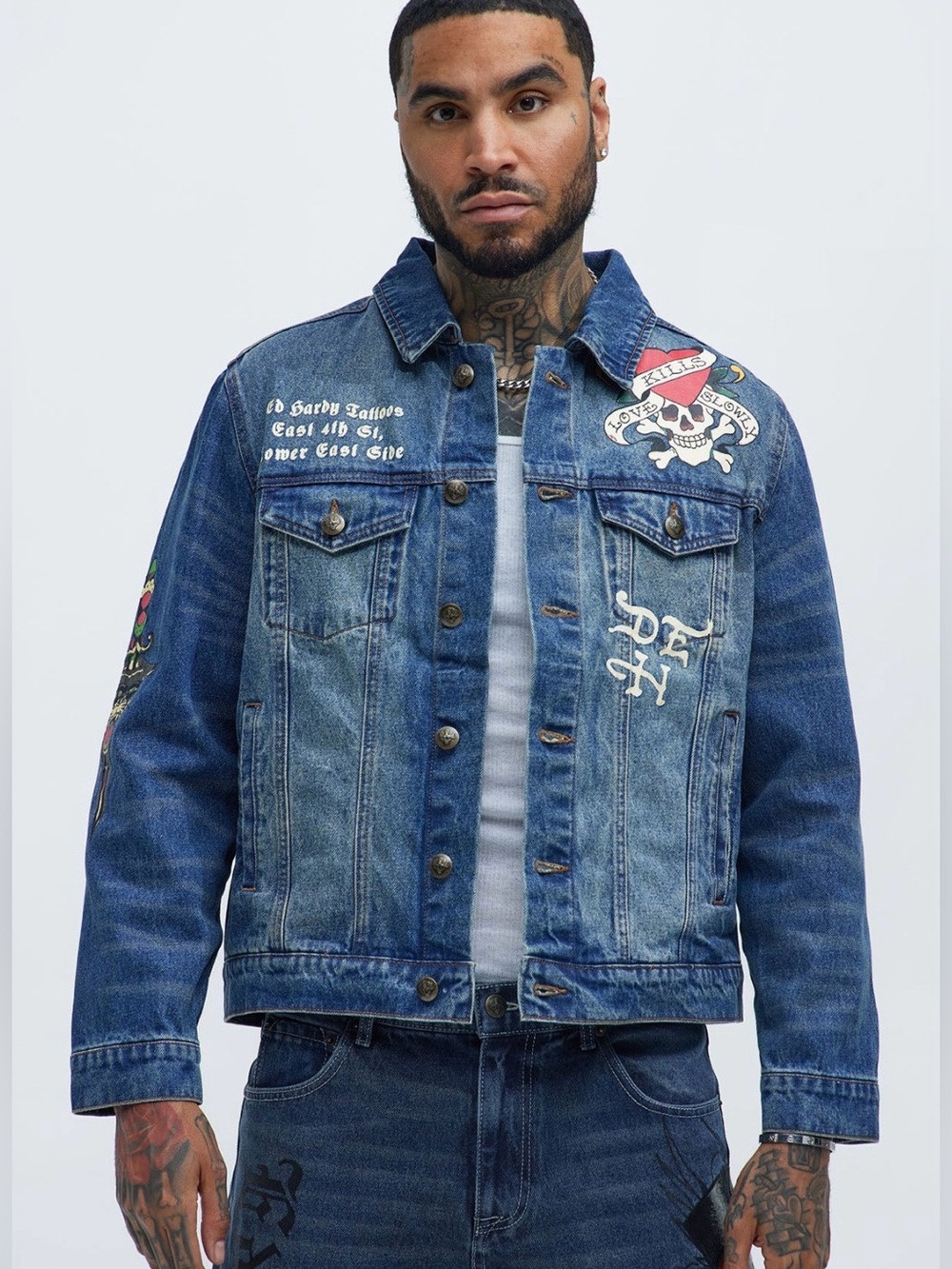 ED HARDY Flaming skull denim jacket men’s medium - Picture 2 of 10